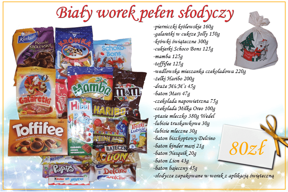 biały worek pełen słodyczy owczarska